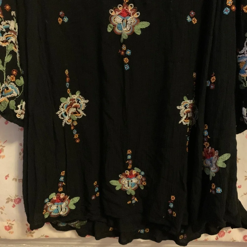 FREE PEOPLE Sz Small Oxford Embroidered Mini Dress Casual‎ Long Sleeves Boho